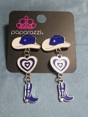 paparazzi Blue and White Cowboy Hat Heart Boot Dangle Earrings - Kids